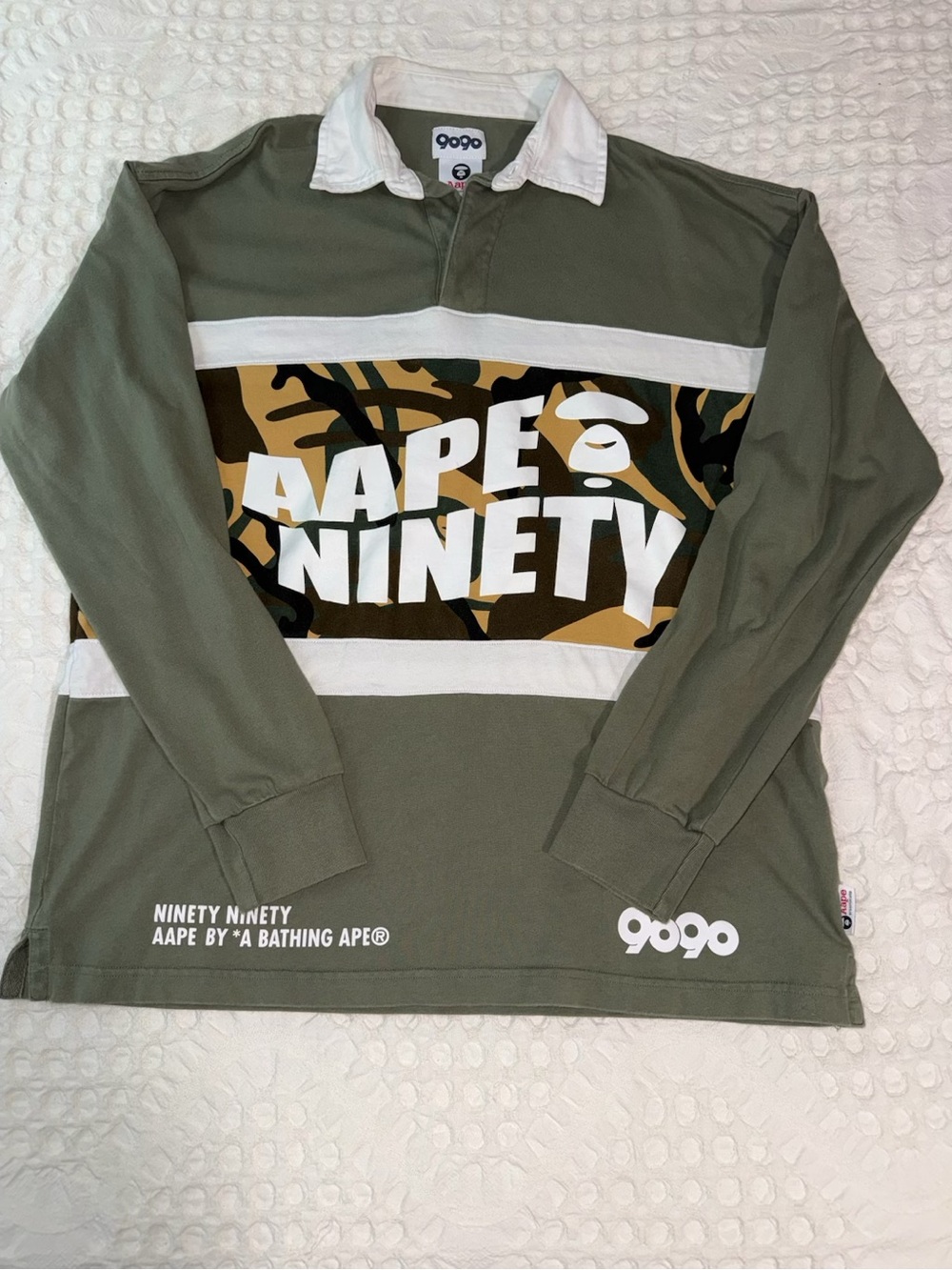 Bape AAPE Olive Green White Camouflage Panel Rugby Polo